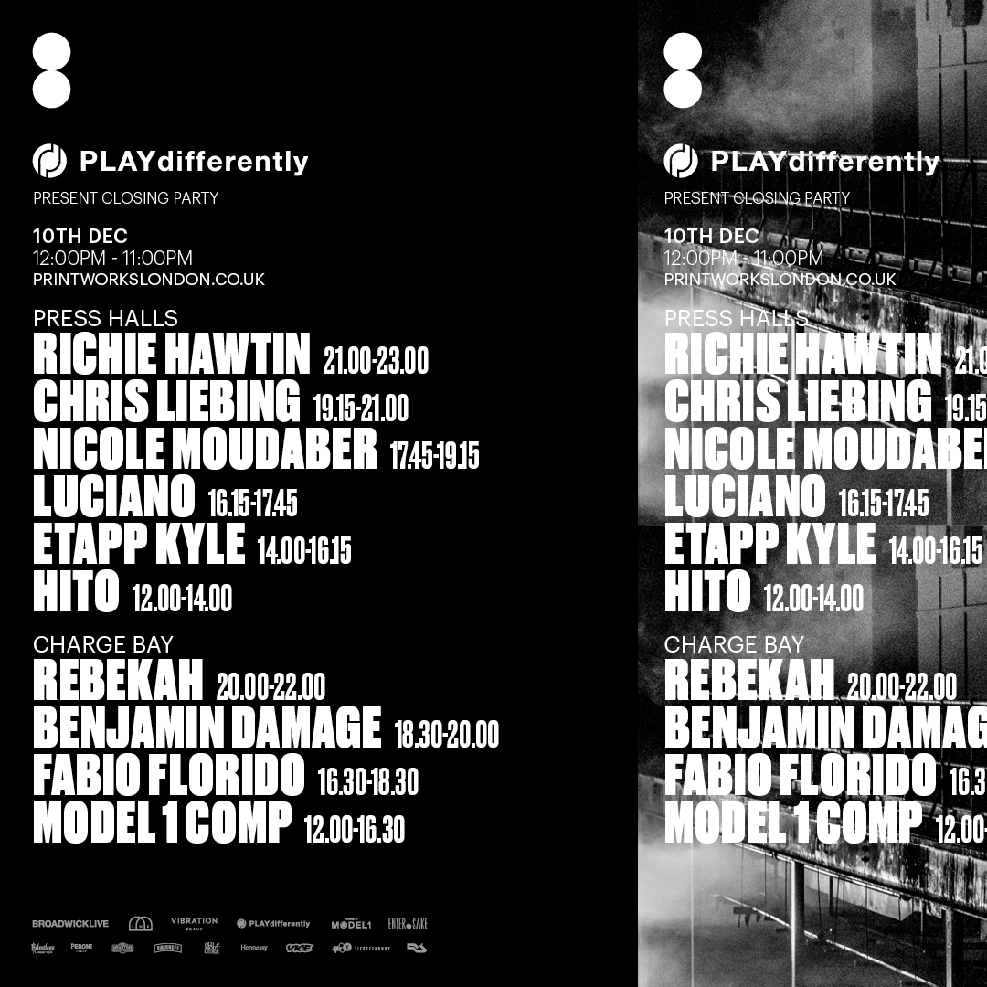 PLAYdifferently's tweet photo. Set times for Sunday!
10/12 SOLD OUT: PLAYdifferently Presents The Closing Party Issue 002 at @Printworks_LDN. #PLAYdifferently #MODEL1 #PrintworksLondon #Issue002 https://t.co/JPjuzYd5bl