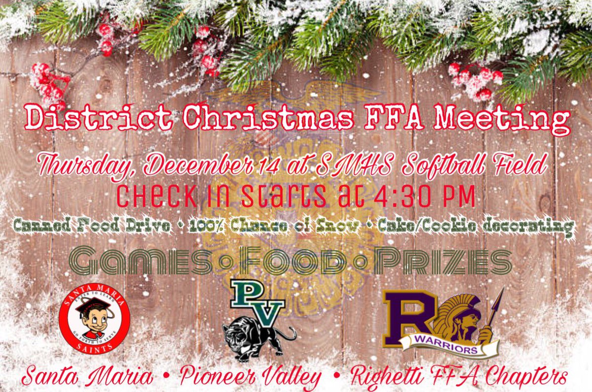 santamaria_ffa's tweet photo. Christmas FFA District Meeting is next Thursday! Let’s show PV and Righetti who runs this town! 🏆⚜️🔴 #smffa https://t.co/xFLxoOEWcY
