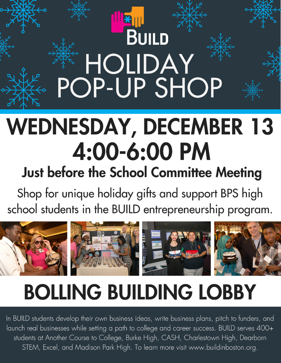 BUILDinBoston's tweet photo. .@BostonSchools is hosting us at the Bolling Building on Wed 12/13 for a Holiday Pop-Up Shop to buy unique student products. We hope to see you there! https://t.co/iJxHcXtORF