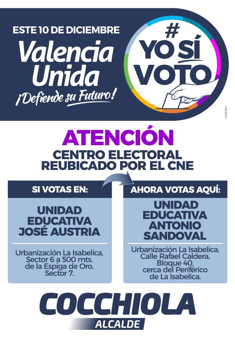 miguelcocchiola's tweet photo. Estas son las reubicaciones en #VALENCIA: SI VOTAS EN LA UNIDAD EDUCATIVA JOSÉ AUSTRIA ahora VOTAS AQUÍ UNIDAD EDUCATIVA ANTONIO SANDOVAL https://t.co/28q60kJDQk