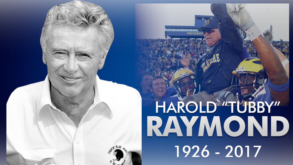 Delaware_FB's tweet photo. A sad day for all who love #BlueHens Football today with the passing of Hall of Fame head coach Tubby Raymond. Truly a great man who had such a positive impact on so many Delaware student-athletes for nearly five decades. #RIP https://t.co/XrAsySCNhN https://t.co/KudP2vdbAG