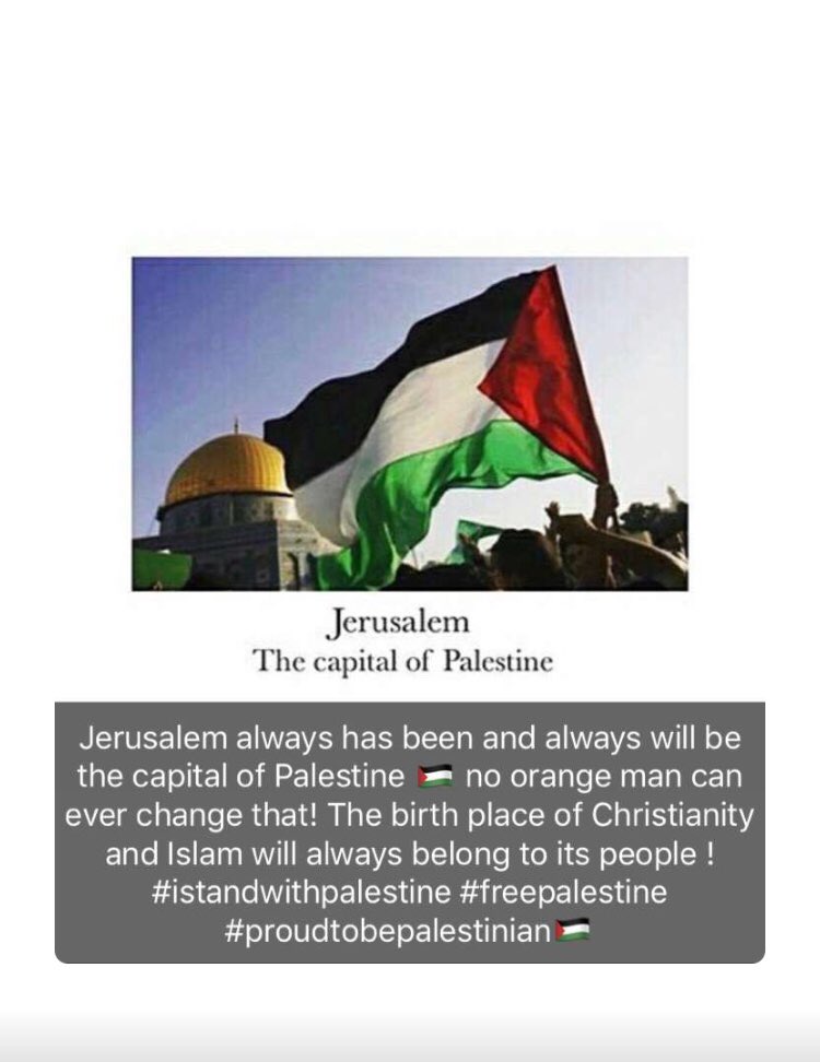 Jerusalem always has been and always will be the capital of Palestine 🇵🇸 no orange man can ever change that! The birth place of Christianity and Islam will always belong to its people #istandwithpalestine #freepalestine #proudtobepalestinian
