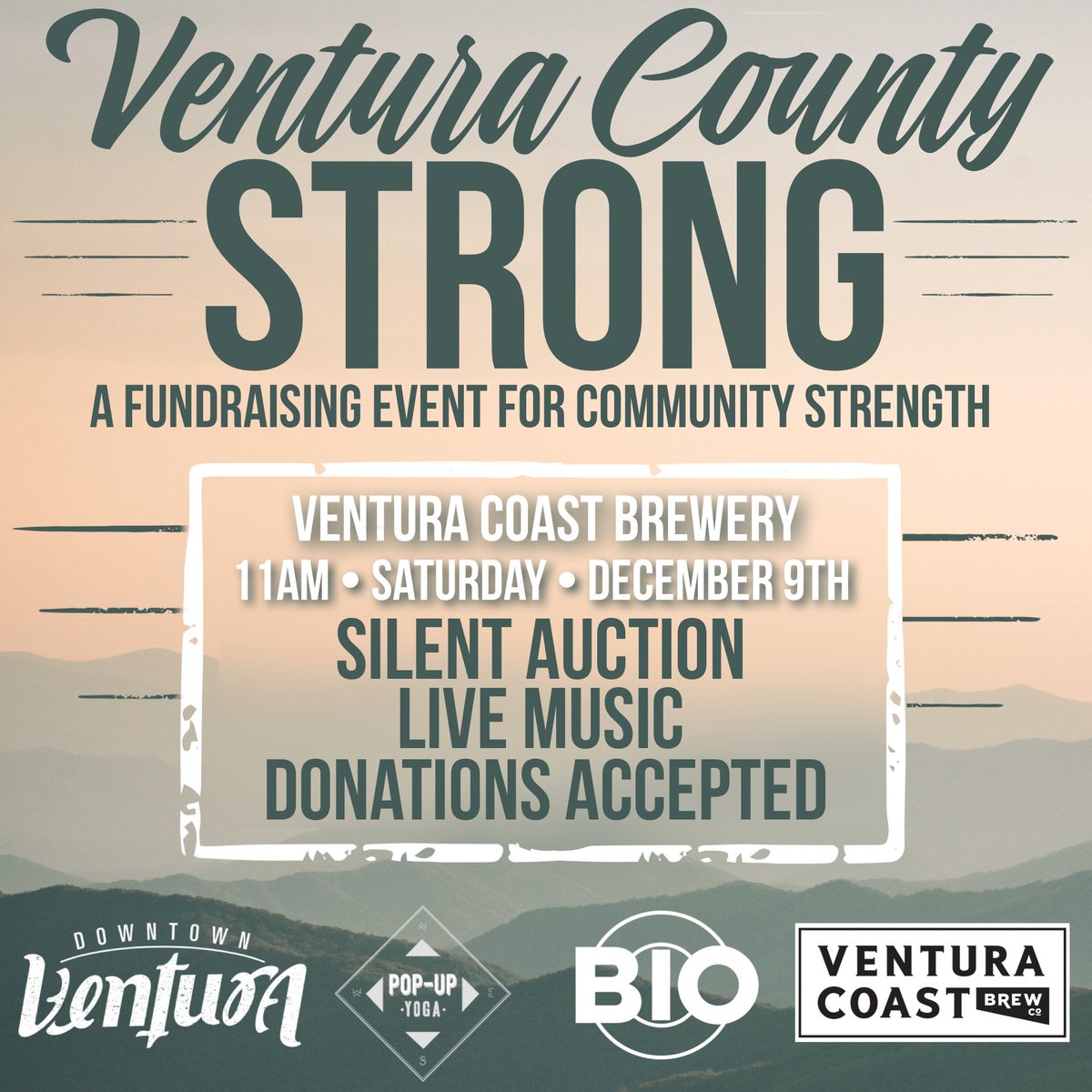 DowntownVentura's tweet image. !! TODAY !! 

Join us in #DowntownVentura at Ventura Coast Brewing Company beginning at 11 AM for a #VenturaStrong fundraiser! 

Silent auction, t-shirts (!!), music, &amp;amp; more: 76 S. Oak Street

#ThomasFire #Ventura #VenturaFire