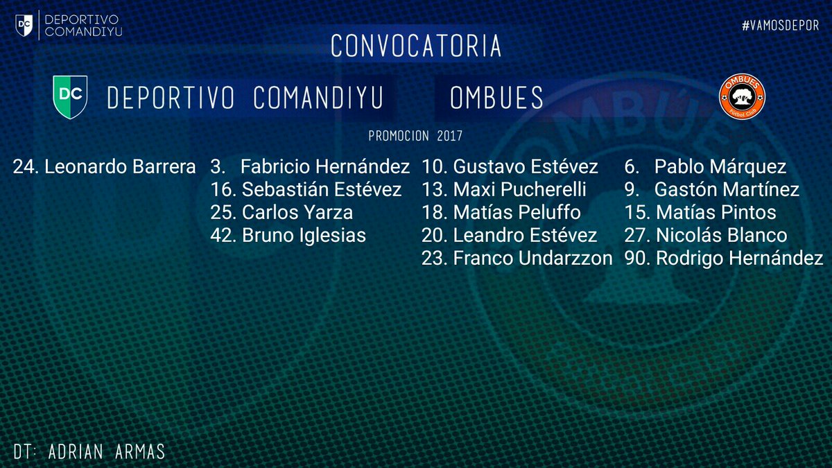 DeporComandiyu's tweet photo. CONVOCATORIA | Aquí están los 15 convocados para enfrentar esta mañana a Ombúes en la #Promocion2017. ¡Por la permanencia, Depor querido! #VamosDepor https://t.co/NZjiptHJGh