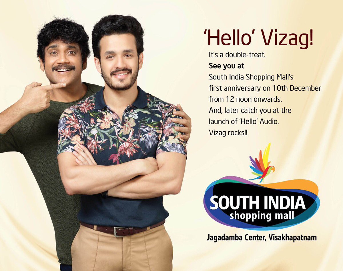 Akhil Akkineni (@akhilakkineni8) on Twitter photo HELLO! Vizag :) coming to you soon. We are going to be visiting our very own <a href="/southindiamalls/">shoppingmallindia</a> tomorrow for their anniversary👍🏻👍🏻 HELLO! Vizag :) coming to you soon. We are going to be visiting our very own <a href="/southindiamalls/">shoppingmallindia</a> tomorrow for their anniversary👍🏻👍🏻
