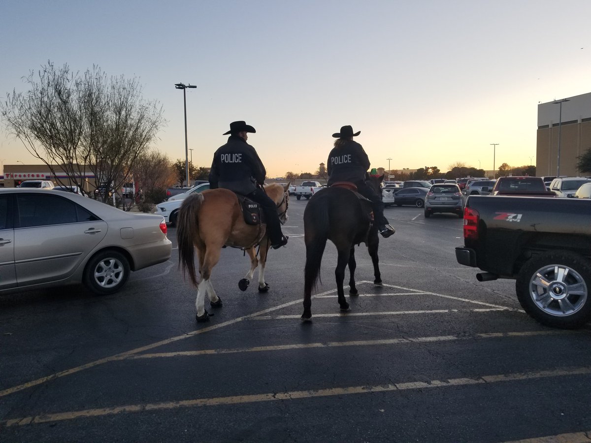 LubbockPolice's tweet photo. Smokey &amp; Buttermilk occasionally swing by the Mall to watch for vehicle burglars while people are shopping. The Mounted Patrol are able to sit higher &amp; see across the parking lots. &amp; they're hard to miss, making those Grinches think twice about stealing your valuables. https://t.co/Tw2jDREPwf