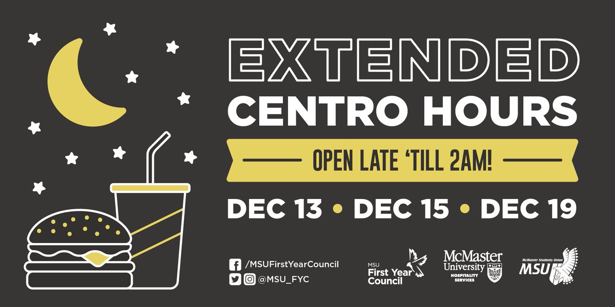 We value study snacks just as much as you do. Centro will be operating until 2AM on Dec 13th, 15th &amp; 19th to keep your brain fuelled. Shoutout to <a href="/MSU_FYC/">MSU FYC</a> &amp; <a href="/MacHospitality/">Mac Eats</a> for making this possible!
