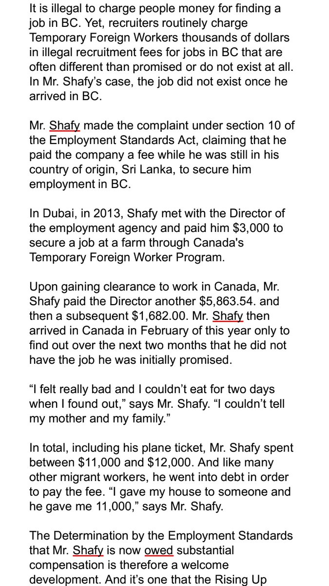 RisingUp_bc's tweet photo. Here's our Press Release about an Employment Standards Branch Determination regarding a migrant worker's recruitment fees. Mr. Shafy paid thousands to work in Canada only to find no job for him. Now he'll be getting his money back. #vanpoli #bcpoli #bclab #canlab #cdnimm https://t.co/HeAvXlHLfD
