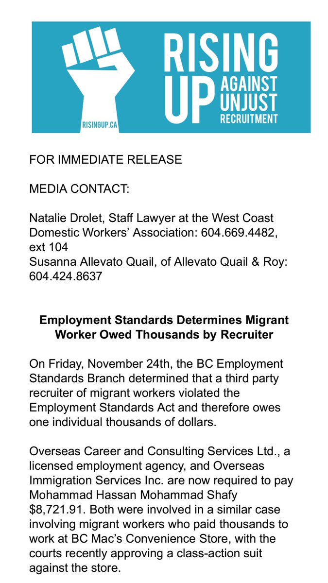 RisingUp_bc's tweet photo. Here's our Press Release about an Employment Standards Branch Determination regarding a migrant worker's recruitment fees. Mr. Shafy paid thousands to work in Canada only to find no job for him. Now he'll be getting his money back. #vanpoli #bcpoli #bclab #canlab #cdnimm https://t.co/HeAvXlHLfD