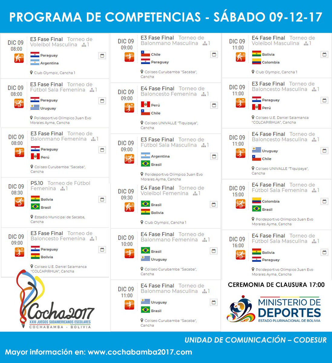 XXIIICocha2017's tweet photo. Programa de competencias sábado 9 de diciembre https://t.co/2JcCJ9u4tu
