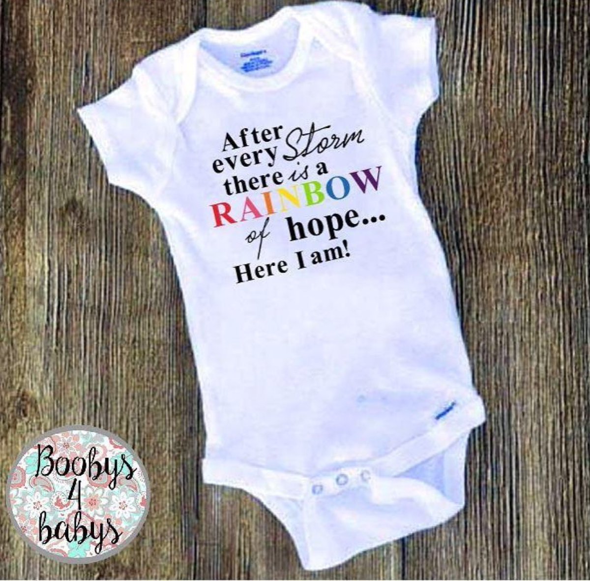 Rainbow baby onesie check out Boobys4babys.com #rainbowbaby