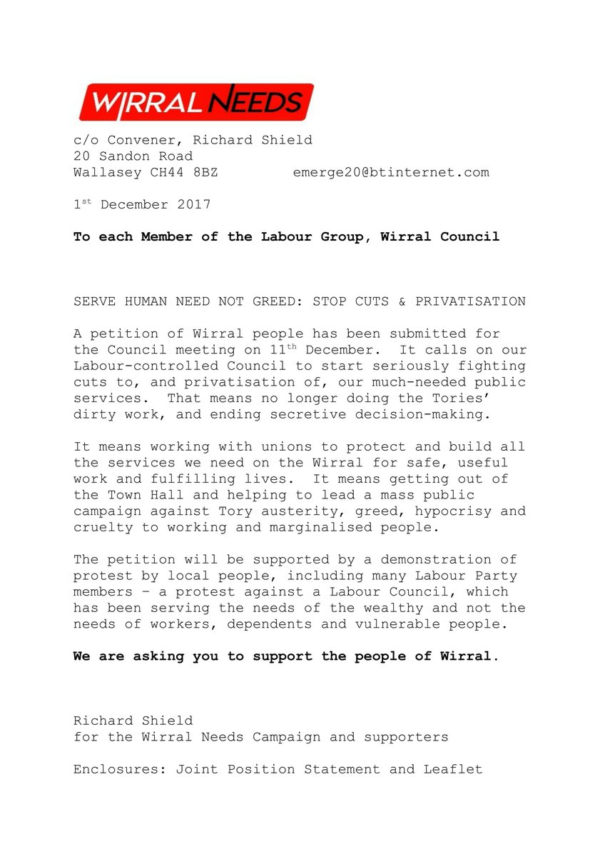 wirralneeds's tweet photo. See below:

- Wirral Needs' cover letter to councillors in light of the protest on Monday 

- Our full Joint Position Statement on Council cuts and privatisation, supported by:
Wirral Needs
Wirral TUC
DONHS Wirral
MPA
(and more)

MONDAY 11TH DECEMBER, 5pm, WALLASEY TOWN HALL https://t.co/SUNC0BUVF9