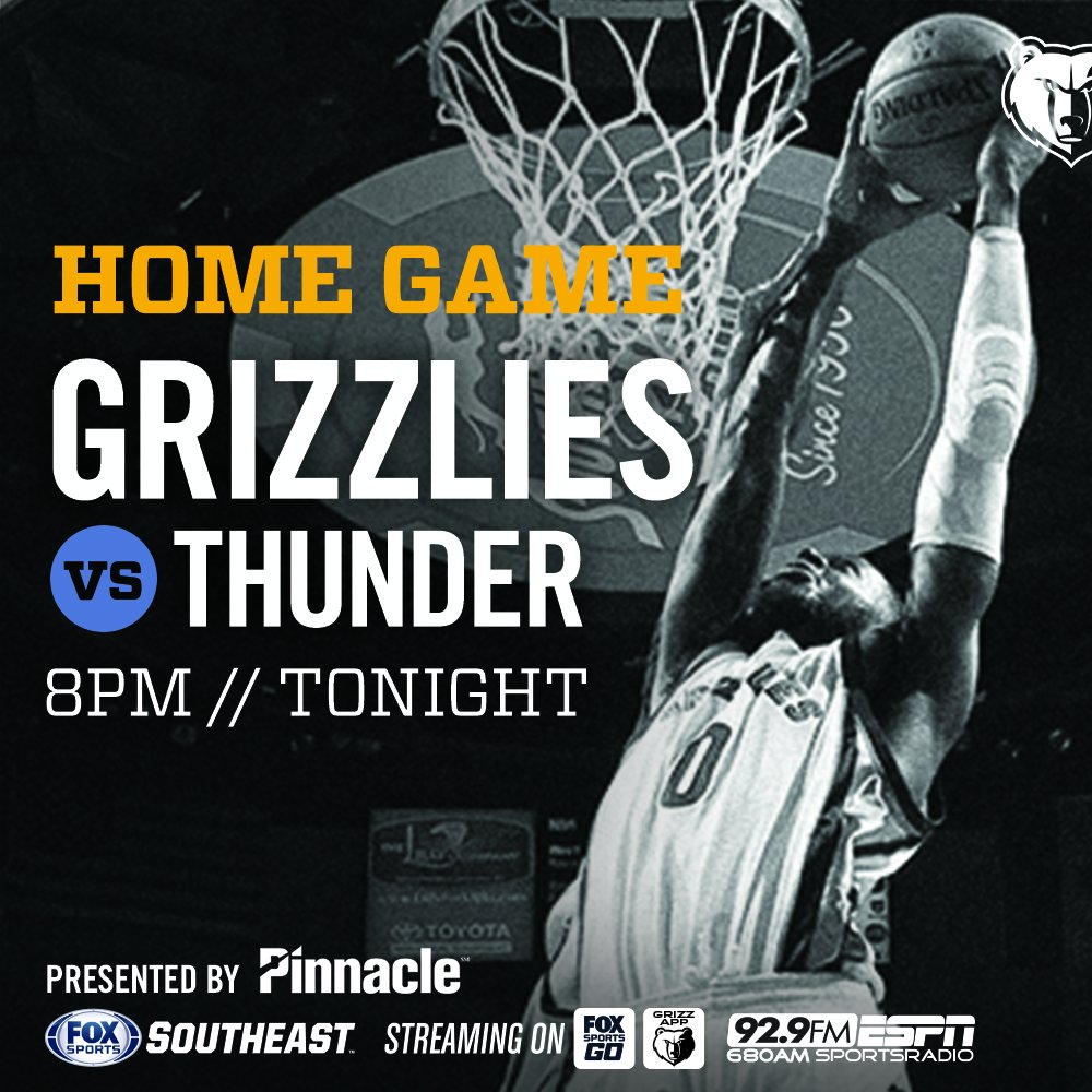 Tonight we're taking on the Thunder & it's #GrizzSocial night!  🎟️: bit.ly/2jd6L5i  #OKCatMEM https://t.co/sjTXCtG41e