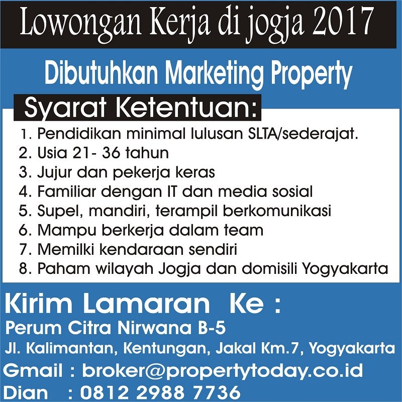 Wd_retno's tweet photo. @JogjaLowKer Marketing property | full time | ce/co, min 21th, SLTA | Propertytoday | Perum Citra Nirwana https://t.co/qUUPihzEoa