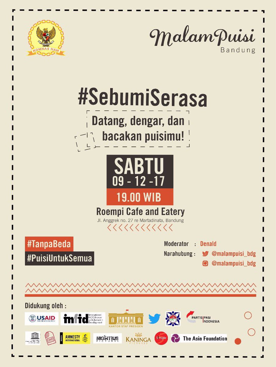 Selamat menunaikan ibadah puisi:
<a href="/MalamPuisi_JKT/">IG: malampuisi.jkt</a>
<a href="/MalamPuisiKudus/">🅜🅐🅛🅐🅜 🅟🅤🅘🅢🅘 🅚🅤🅓🅤🅢</a>
<a href="/malampuisipalu/">malampuisipalu</a>
<a href="/malampuisi_BDG/">Malam Puisi Bandung</a>

#SebumiSerasa
#TanpaBeda
#PuisiUntukSemua