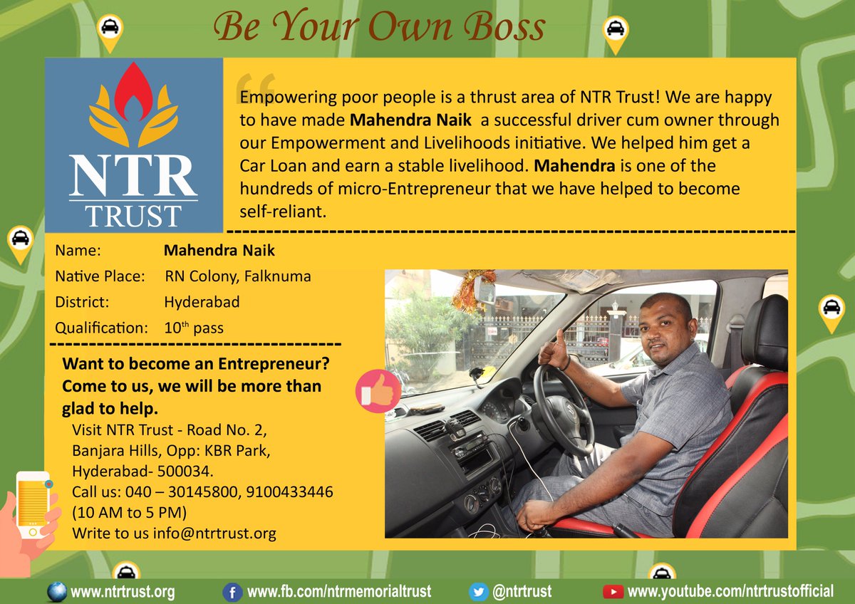 Empowering poor people is thrust area of @ntrtrust. We're happy, we made Mahendra Naik successful driver-owner through our E&L initiative. We helped him get Car Loan and earn livelihood. Mahendra is one of the hundreds of micro-Entrepreneurs we have helped to become self-reliant.