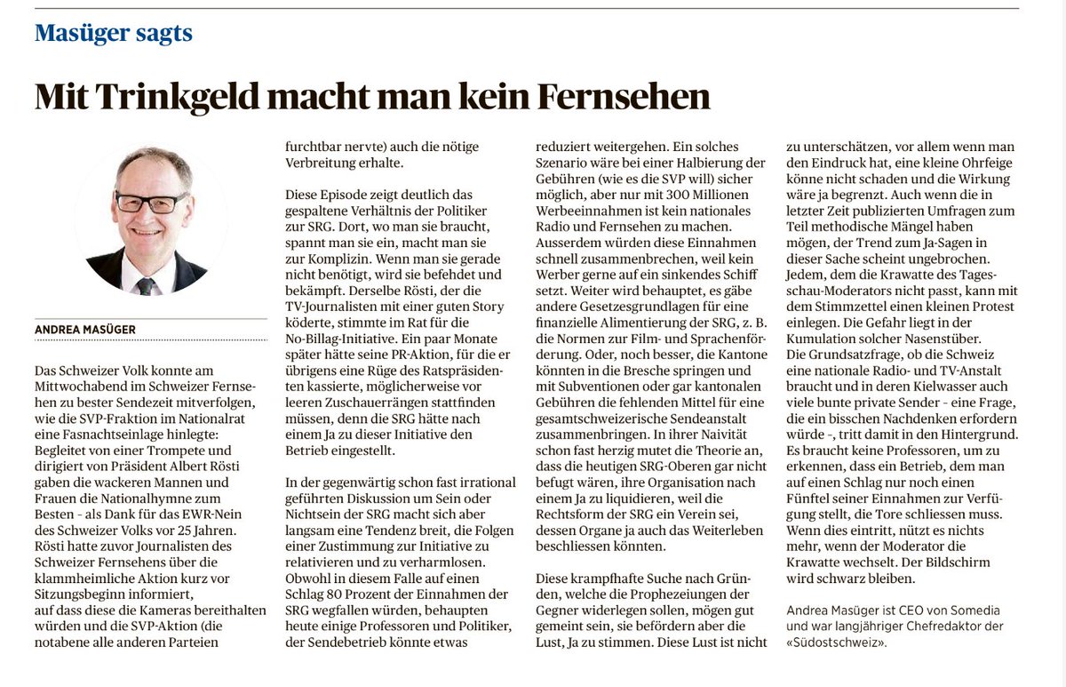"Mit Trinkgeld macht man kein Fernsehen", sagt Masüger. <a href="/suedostschweiz/">Südostschweiz</a> heute.