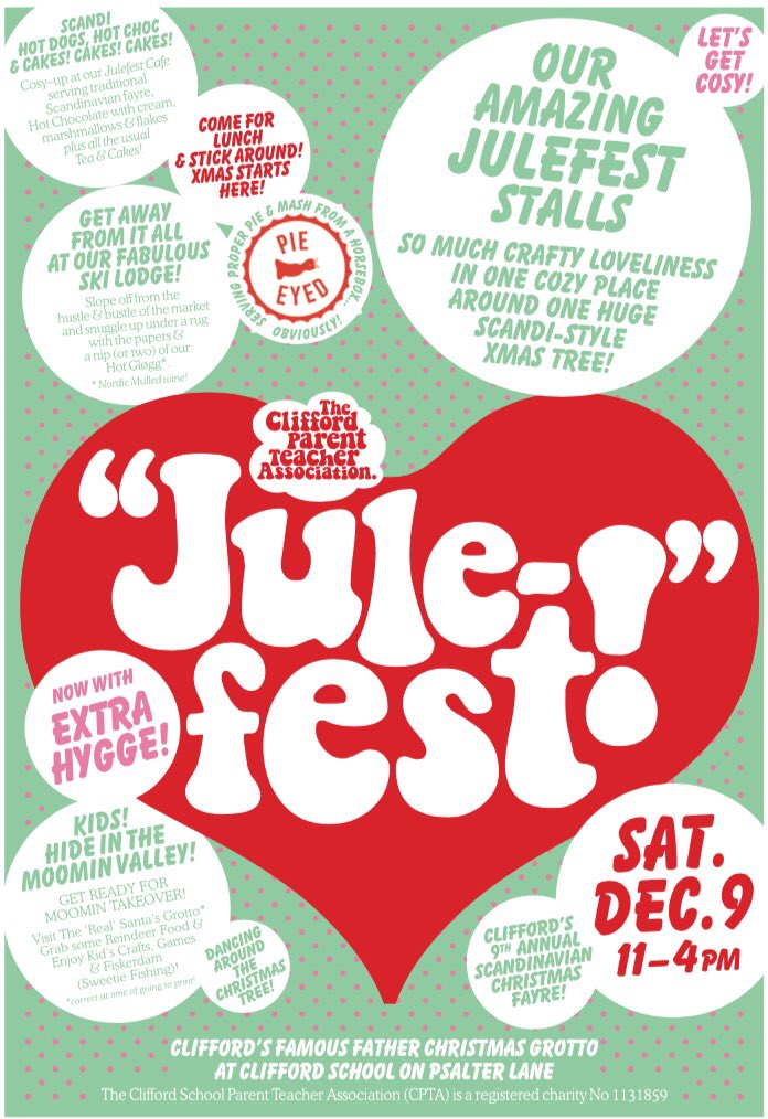 JulefestShef's tweet photo. JULEFEST IS TODAY!

Vintage market with over 20 stalls, Moomins, gløgg, Scandi cafe, @_PieEyed, Fiskdam, a roomful of Scandi children's crafts, Clifford choir, the real Santa in his grotto with a present and a Christmas bell for every child!

It will be brilliant!
See you 11-4! https://t.co/xnpABrfRGK