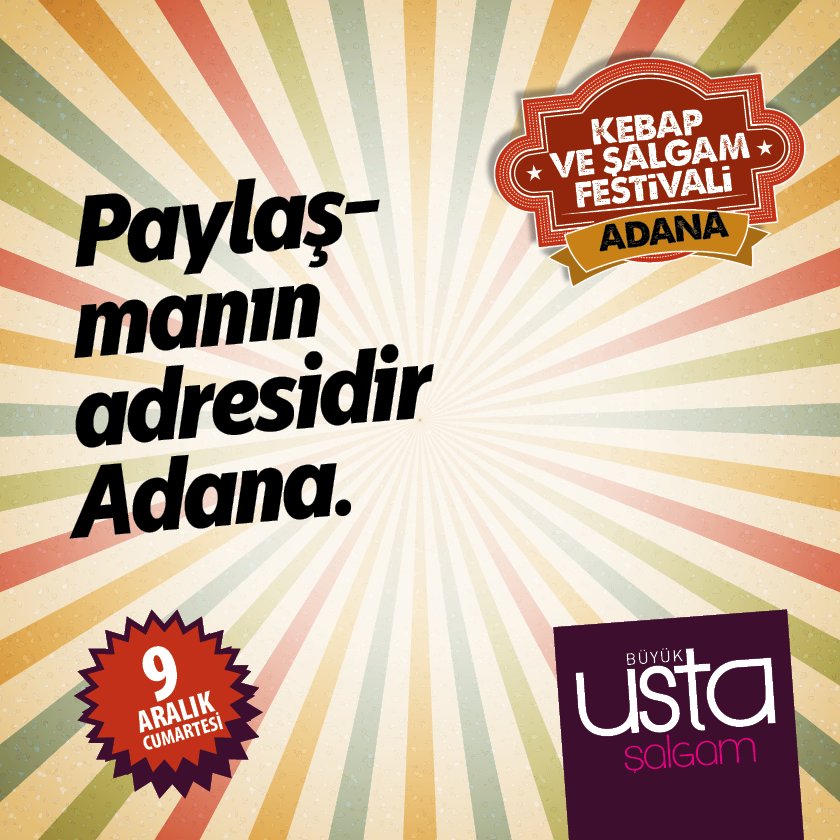 Sokakta dostluğu, masanda kebabını, şişendeki şalgamını paylaşırsın.
Detaylı bilgi için tıklayın:
ustasalgam.com/kebapfestivali/
#adana #şalgam #kebapveşalgamfestivali #kebapvesalgamfestivali #büyükusta