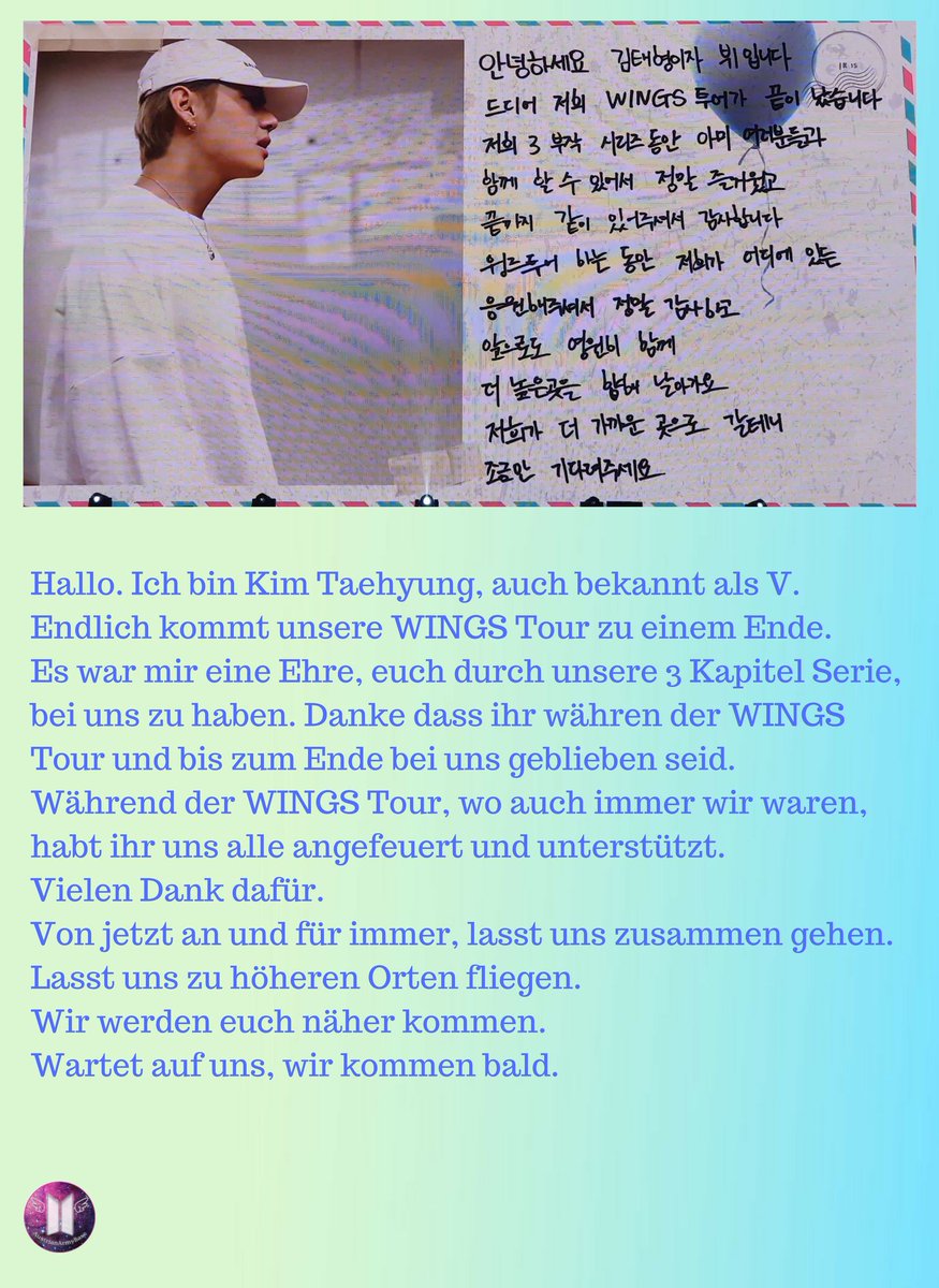 Bangtan_Austria's tweet photo. Auf dem gestrigen WINGS Tour Konzert in Seoul wurden handgeschriebene Briefe von @BTS_twt gezeigt.
Hier eine deutsche Übersetzung davon für euch :)

original letter pic: @meltthesuga
ENG trans used from @peachBOY_0613

#btstrans #gertran #germantrans #btsgerman #bts #방탄소년단 https://t.co/VswUcyHvH8