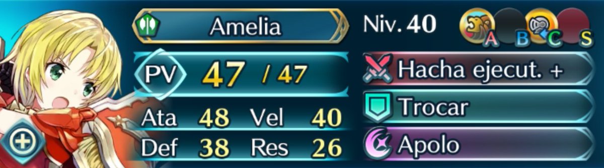 danielator94's tweet photo. Hi @Pheonixmaster1 I really like your videos and I wonder if you could answer me this question. I have this Amelia -Atk +Spd with SlayingAxe+ and Ignis. My doubt is about which weapon upgrade use (+Atk/Spd/Def) and which should I use for her slot B (Renewal/Desperation). Thx https://t.co/dqEoXRgFeZ