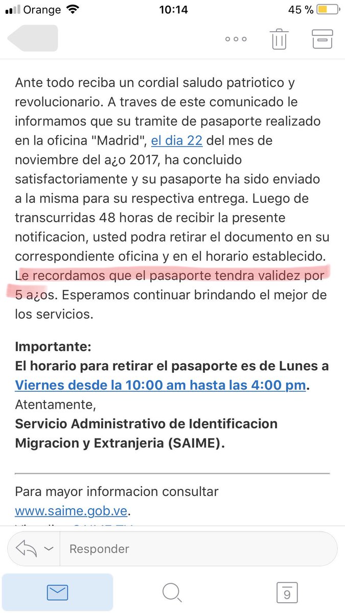 Mayuribeth's tweet photo. Pagué el día 2 de noviembre y ayer 8 de diciembre me llega este email. #prorrogapasaporte donde dice q tendrá validez de 5 años #saime https://t.co/4K6HyXB3Sm
