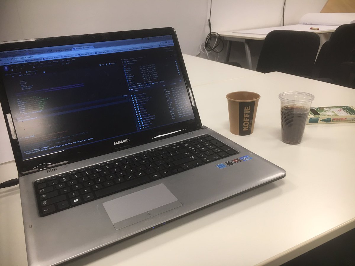 longhowlam's tweet photo. My old laptop, a coke, a cappuccino and R is all I need to get started today for the Ikea hackaton #rstats #hackathon #ikode #IKEA https://t.co/NfeNtbAdIQ