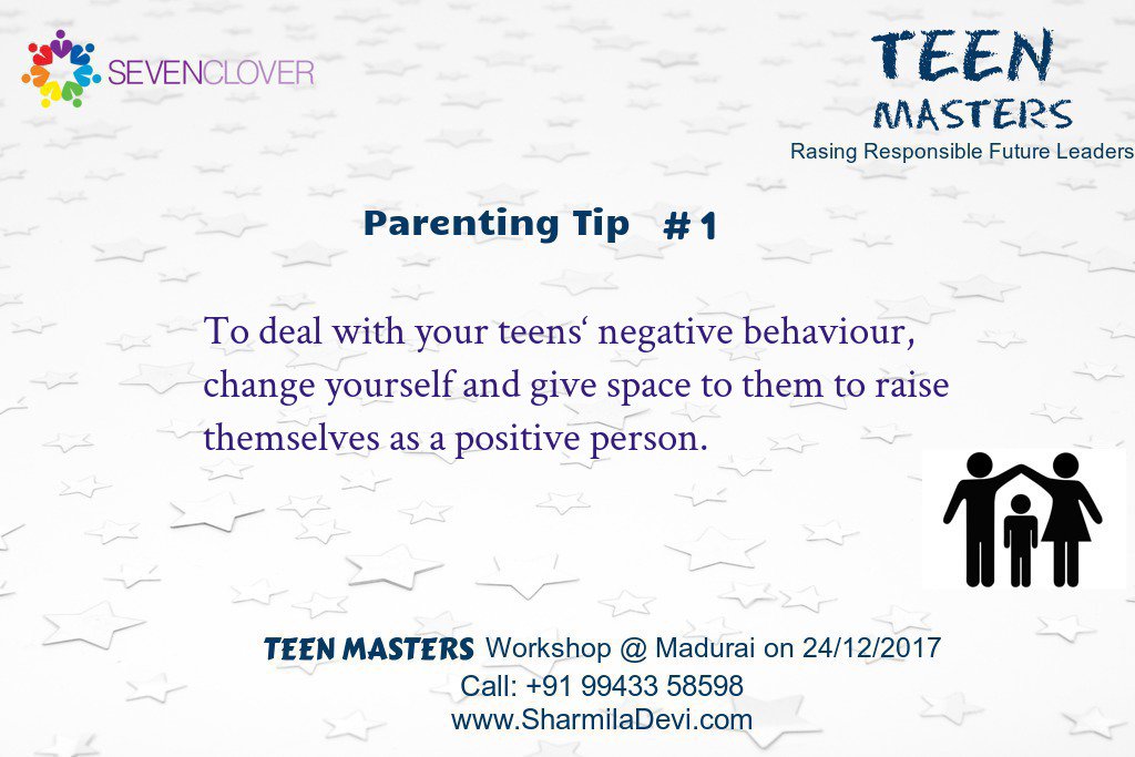 NLP_SevenClover's tweet photo. #TEENMASTERS
#Parenting #Tip #1
To #Deal with #Your teens‘ #Negative #Behavior, #Change #Yourself and give #Space to them to raise themselves as a #Positive #Person
#NLP #SevenClover #Leadership #Excellence #SelfMastery #Reborn #RasingResponsible #FutureLeaders #Workshop #Madurai https://t.co/f4jSTZLKCD
