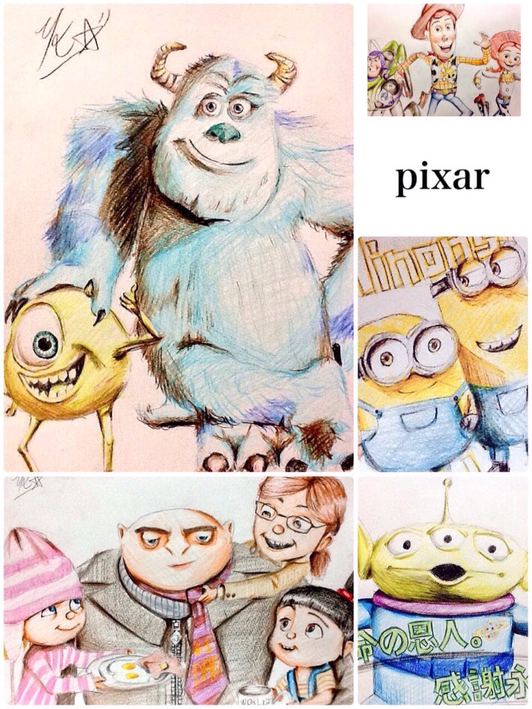 U Kユーケースター又の名をねこちゃん 今まで描いた Pixar のキャラクター トイストーリー ウッディ バズ ジェシー リトルグリーメン モンスターズインク サリー マイク 怪盗グルー マーゴ イディス アグネス ミニオン 絵描きさんと繋がり