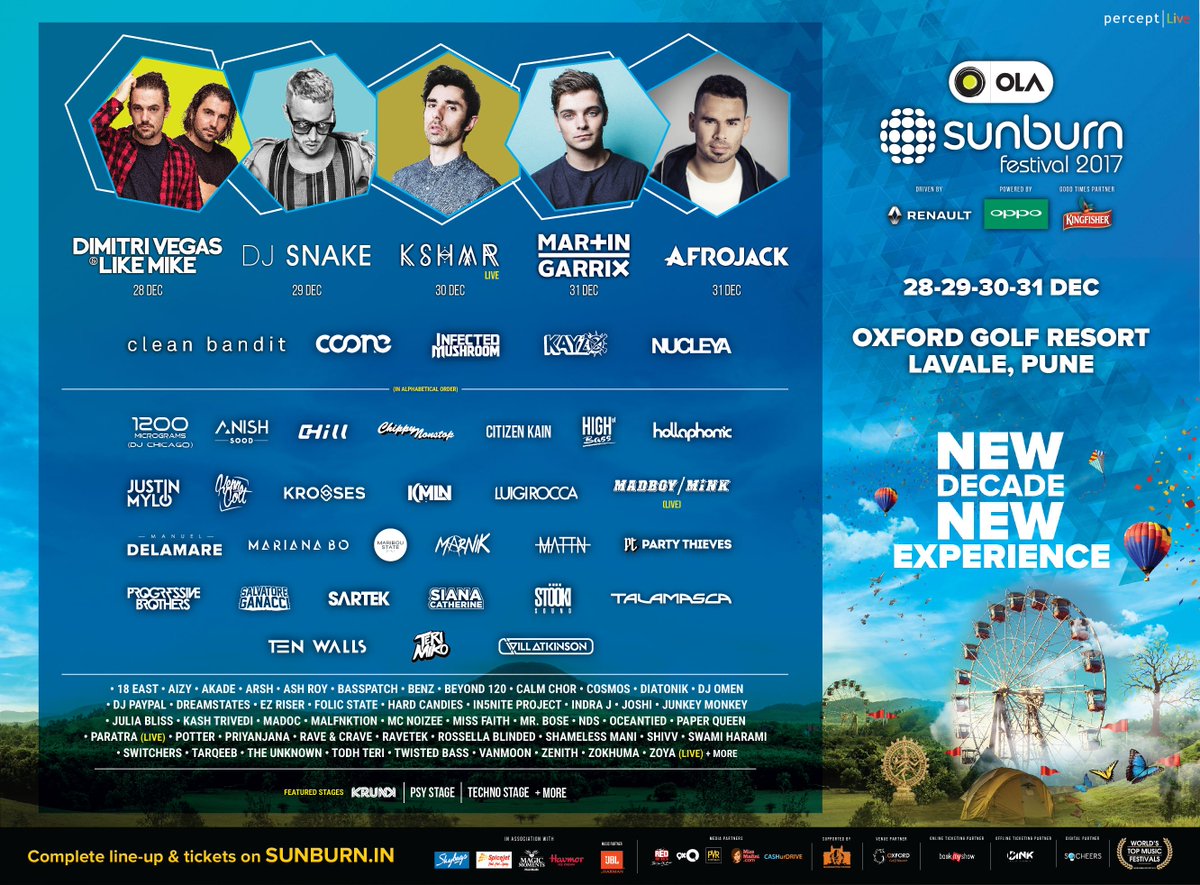 SunburnFestival's tweet photo. Brace yourself as we bring the biggest artists to #OLASunburnFestival (28 to 31 Dec) for the last weekend of the year at Oxford Golf Resort, Lavale, Pune.
Tickets &amp; info: https://t.co/x3mdmE83Rk
RSVP to the official event here: https://t.co/FG6wMZAn5U https://t.co/QI7vhBMFq5