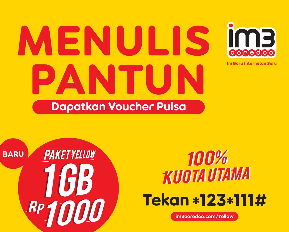 Ayo Berpantun ria dengan tema #Yellow1GB &amp; dapatkan voucher pulsa 50K untuk 3 Orang pemenang. 1 hari hanya boleh max 2 pantun saja ya tweeps , ditunggu pantunnya sampai tanggal 12 Desember 2017. Jangan lupa Hastagnya #Yellow1GB #IM3OoredooMTR