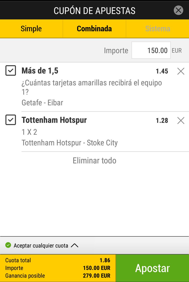appostando's tweet image. Vamos con la apuesta free del día.
Stake 3. Cuota 1,86.
Un over de tarjetas del Geta que me parece un regalo sinceramente esa cuota para solo 2 tarjetas...y la victoria del Tottenham, que vienen de hacer un genial partido en Champions reservando a titulares para hoy.