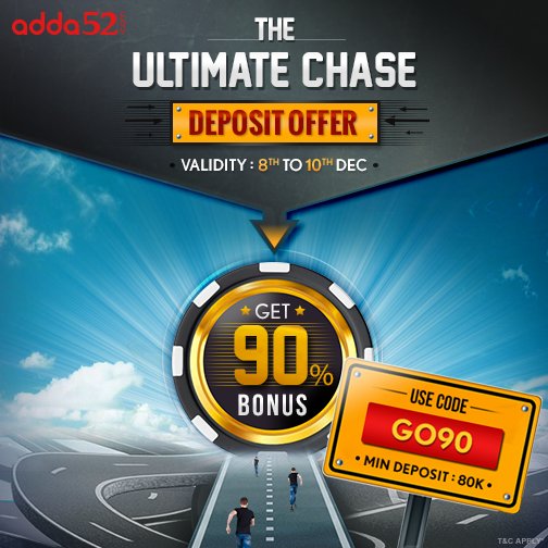 Adda_52's tweet photo. Chase your dreams with βThe Ultimate Chaseβ game challenge! Deposit Rs. 80K & above with code "GO90" and get 90% bonus.
More Codes >> https://t.co/XBAuo0N7Cx
#CashGame #DepositCode #Bonus #Diwali #Adda52 https://t.co/wXQcwXUEdC