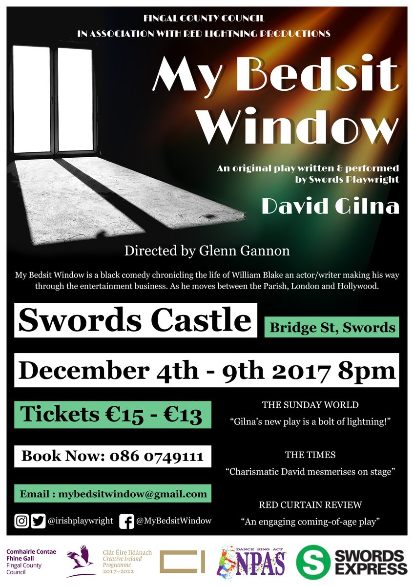 10th Anniversary as a playwright today. 10yrs producing theatre. Making history at  @SwordsCastle1 @Fingalcoco @EVENTSinFingal @paulreiddublin 
 6 Nights-4 Sell Outs - An incredible venue - Thank you
 #mybedsitwindow #yourfingal #irishplaywright #swordscastle #actorslife