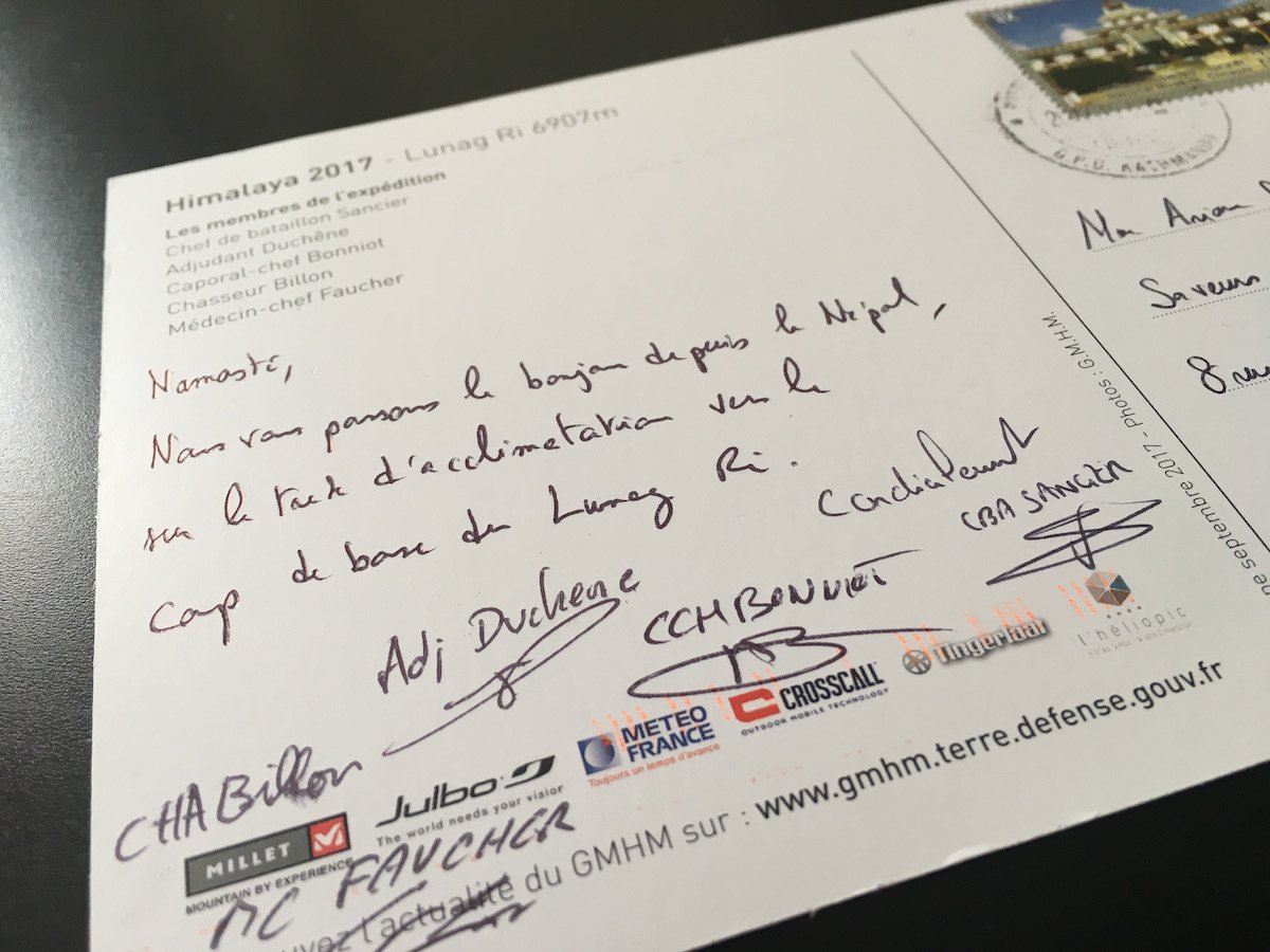 [Du courrier] Quand le Groupe Militaire de Haute Montagne #GMHM « laboratoire de l’extrême » et fan de <a href="/LyophiliseandCo/">Lyophilise & Co</a>, nous envoie une petite carte de sa mission #Himalaya2017 😍 !