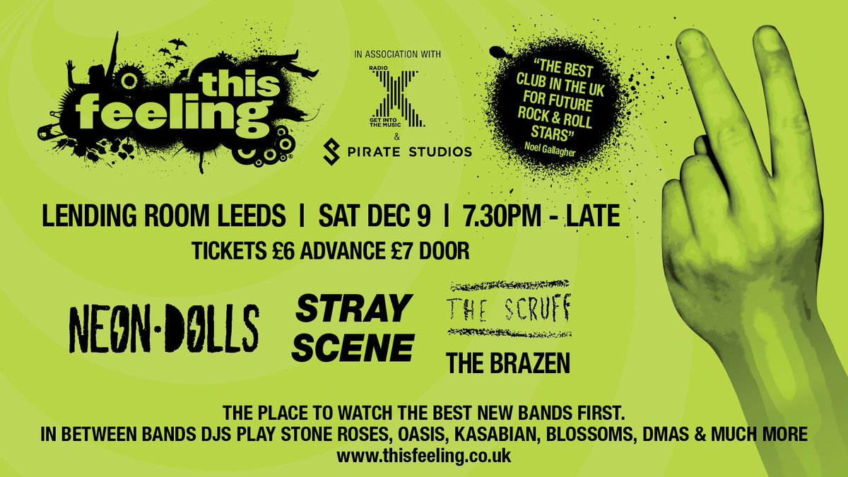 This Feeling (@this_feeling) on Twitter photo Times for tonight @TomLendingRoom:
<a href="/neondollsband/">Neon Dolls</a> 10.15pm
<a href="/TheScruff_/">THE SCRUFF</a> 9.30pm
<a href="/StrayScene1/">Stray Scene</a> 8.45pm
<a href="/The_Brazen/">The Brazen</a> 8pm
Doors 7.30pm
£7OTD Times for tonight @TomLendingRoom:
<a href="/neondollsband/">Neon Dolls</a> 10.15pm
<a href="/TheScruff_/">THE SCRUFF</a> 9.30pm
<a href="/StrayScene1/">Stray Scene</a> 8.45pm
<a href="/The_Brazen/">The Brazen</a> 8pm
Doors 7.30pm
£7OTD