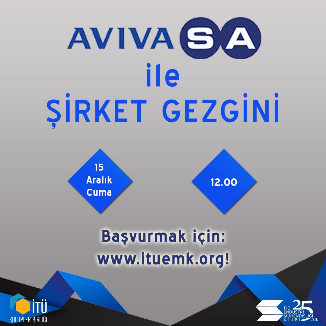 İTÜ Endüstri Mühendisliği Kulübü olarak şirket gezilerine bir yenisini daha ekliyoruz, 15 Aralık Cuma günü AvivaSA'ya gidiyoruz!
Departmanları üst düzey yöneticilerden dinlemek ve vaka çalışmasında yer almak istiyorsan hemen başvurmalısın.
Başvuru için; ituemk.org