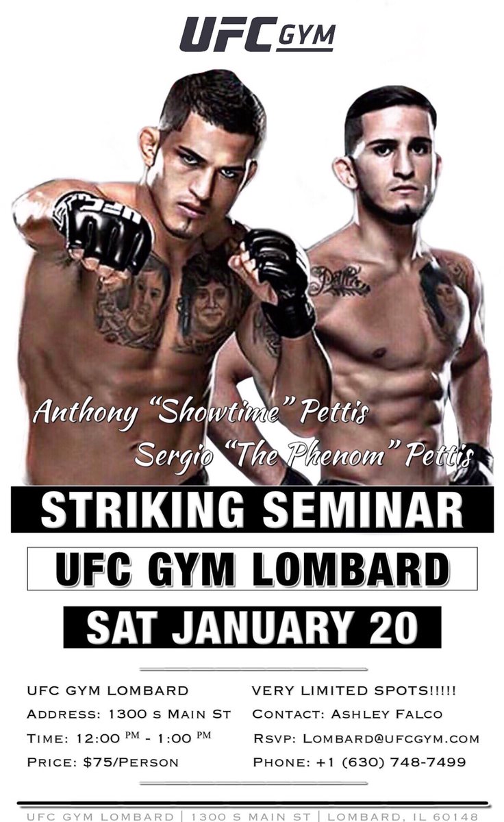 UFCGYMSOUTHLOOP's tweet photo. Striking Seminar with the Pettis Brothers @Showtimepettis and @sergiopettis on Saturday, January 20th @UFCGymLombard - VERY LIMITED SPOTS!!! Contact Ashley Falco to RSVP: Lombard@ufcgym.com 👊 https://t.co/1N8TWUpnrD