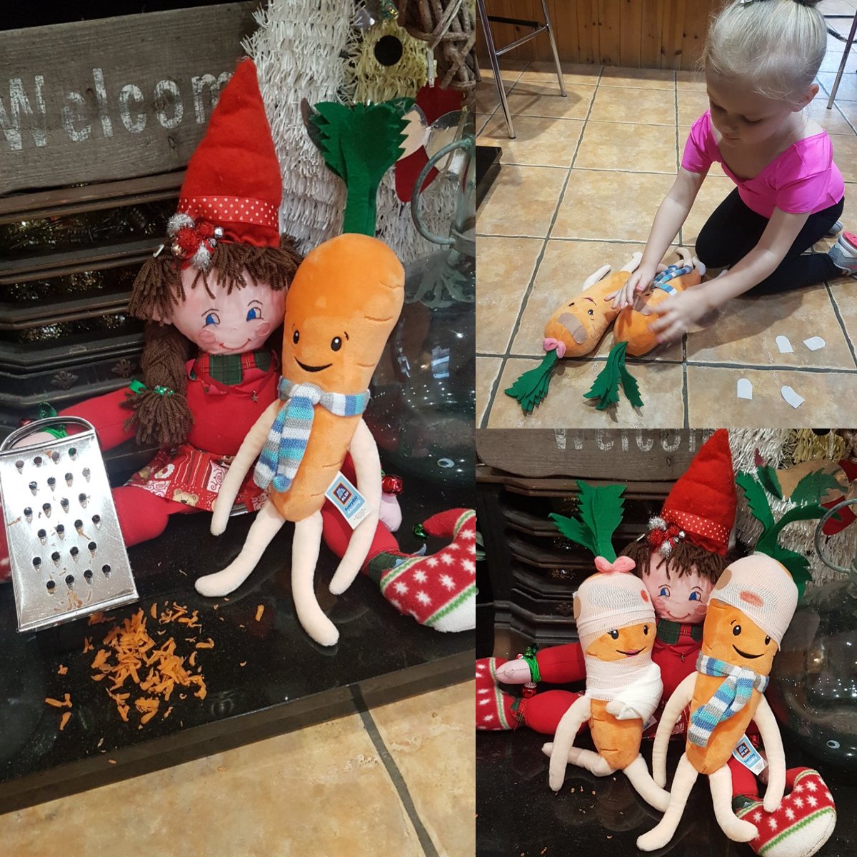 abiebeavan's tweet photo. Our naughty elf Holly got up to some micheif last night and poor Kevin the carrot was the victim! Never fear Nurse Esmé took good care of them! 😂 #aldiuk #kevinandkatie #kevinthecarrot #katiethecarrot #aldichristmas https://t.co/I67fZrPUG7