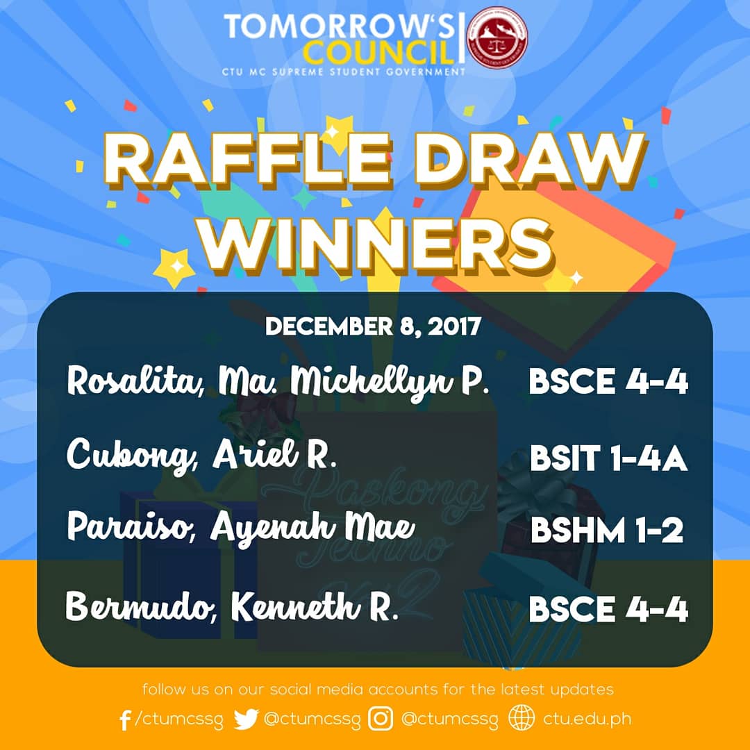 ctumcssg's tweet photo. Good day mga ka-Techno!
Here are your 1st and 2nd lucky Daily Raffle Winners for the Paskong Techno Volume 2!
We will be posting for more soon. Please keep posted for more updates! 🙂
#PaskongTechnoV2
#TomorrowsCouncil
#CTUMCSSG https://t.co/Rj6wT8lG0d
