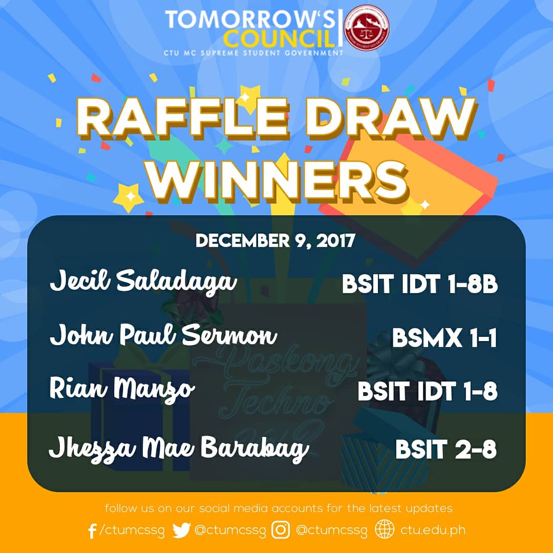 ctumcssg's tweet photo. Good day mga ka-Techno!
Here are your 1st and 2nd lucky Daily Raffle Winners for the Paskong Techno Volume 2!
We will be posting for more soon. Please keep posted for more updates! 🙂
#PaskongTechnoV2
#TomorrowsCouncil
#CTUMCSSG https://t.co/Rj6wT8lG0d