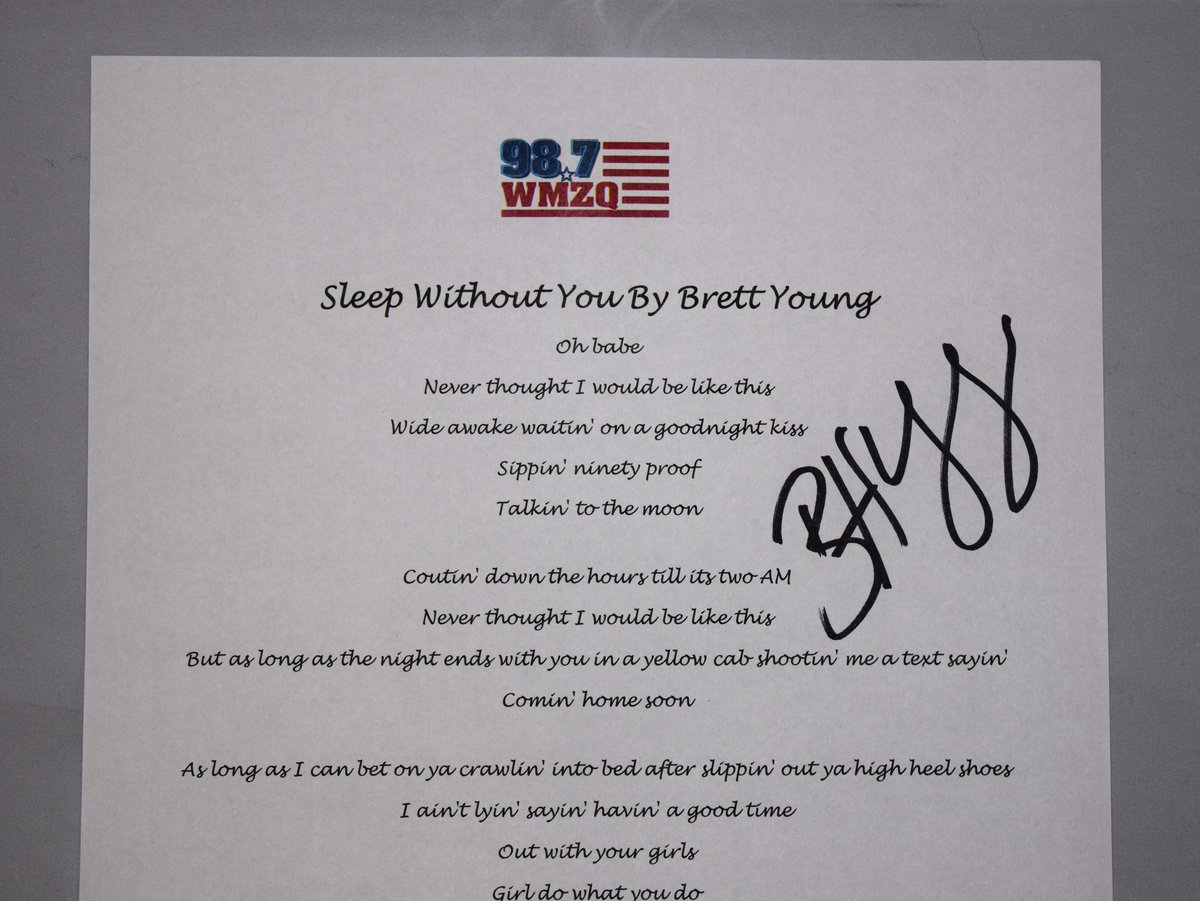 WMZQ's tweet photo. Imagine going to sleep knowing that you own an autographed “Sleep Without You” lyric sheet from @brettyoungmusic 😍 Bid on it now in our Country Cares for @StJude Kids auction!

https://t.co/QAokoeN3dh https://t.co/xFcj8CtFcu