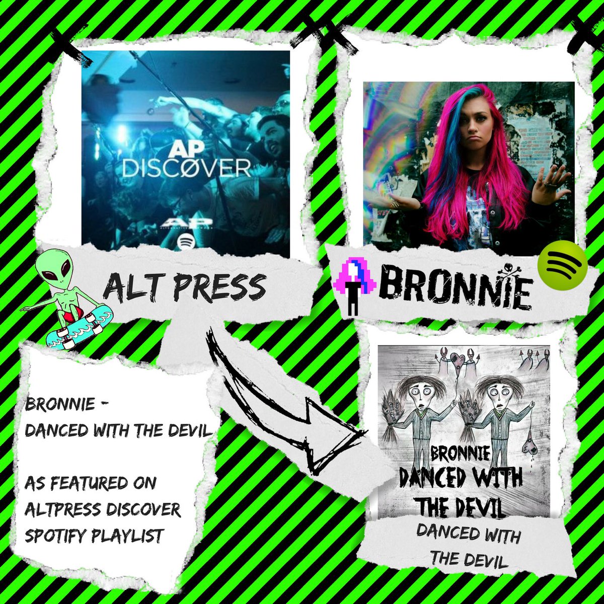 BronnieMusic's tweet photo. Who’s been streaming Danced With The Devil today? @AltPress added it the AP Discover Playlist on Spotify!! #IndependentArtist 👽 #DancedWithTheDevil https://t.co/Nut76Ucp5c