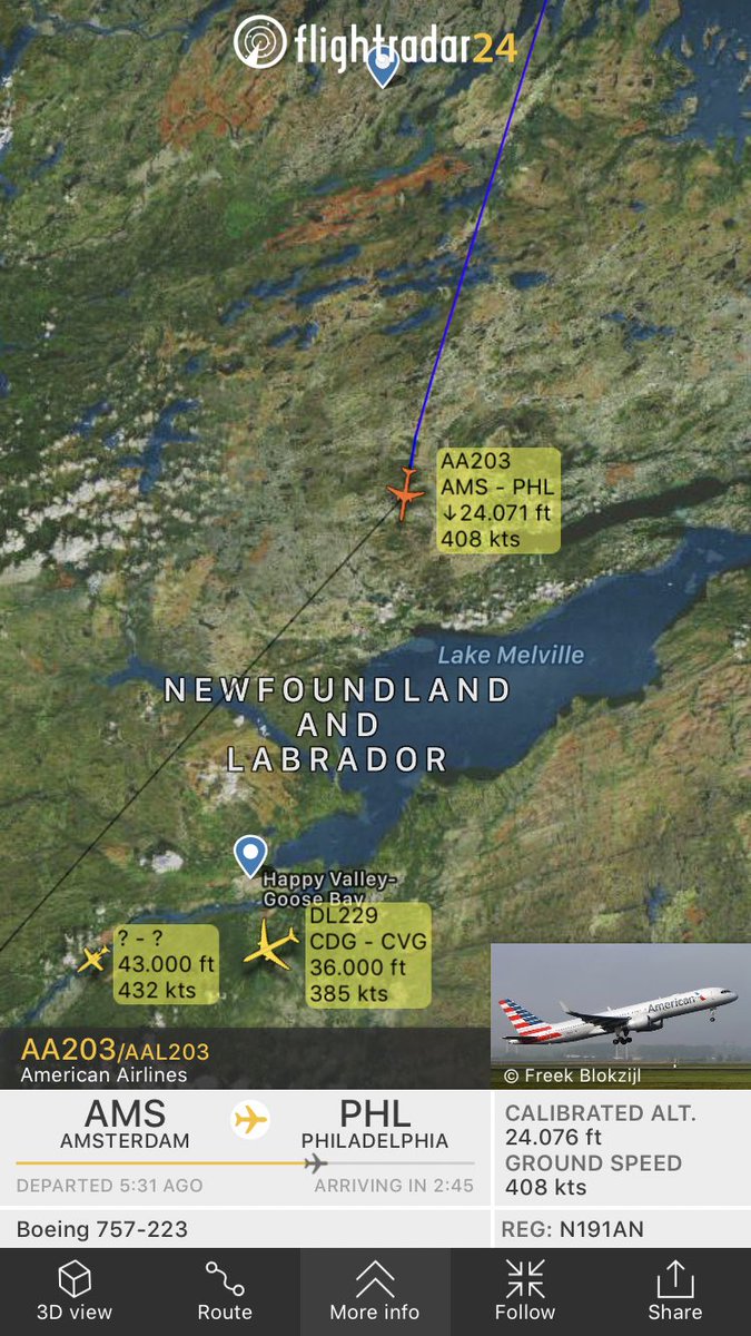 FlightIntl's tweet photo. American Airlines flight #AA203 from Amsterdam to Philadelphia is diverting to Goose Bay (YYR) https://t.co/Za2zFSLp7K https://t.co/FZMMEv4yCp