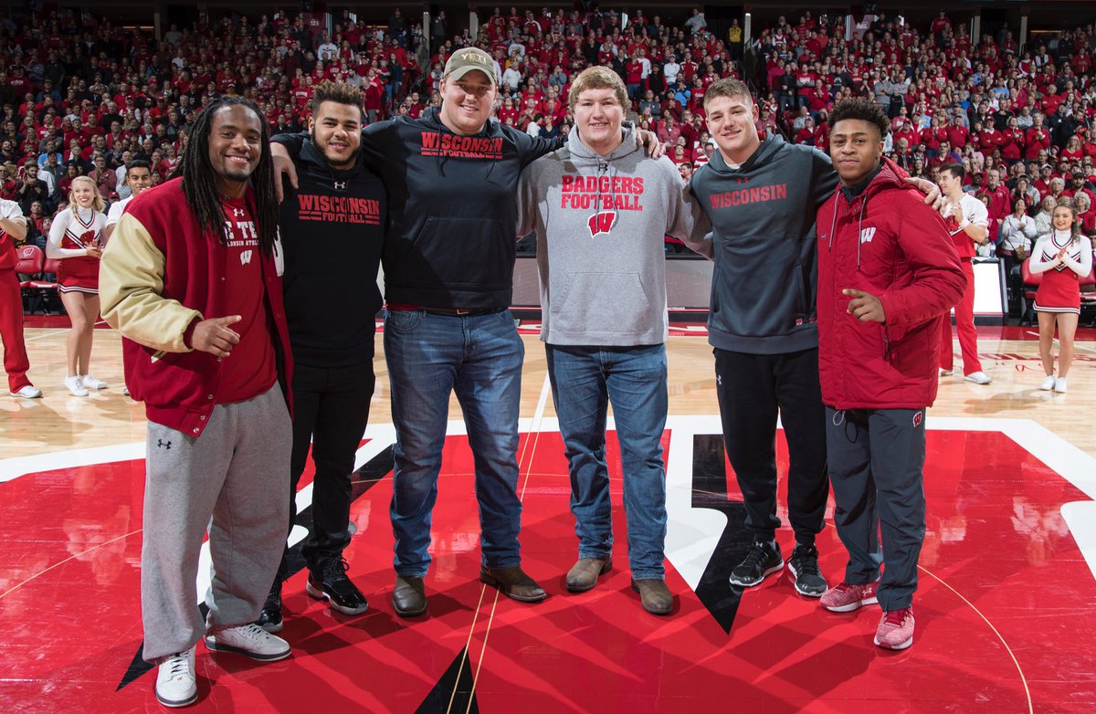 BadgerFootball's tweet photo. Squad Goals 💯

Some of the @OrangeBowl-bound #Badgers stopped by today’s @BadgerMBB game.

#BeatMarquette https://t.co/Be0SXILCSH