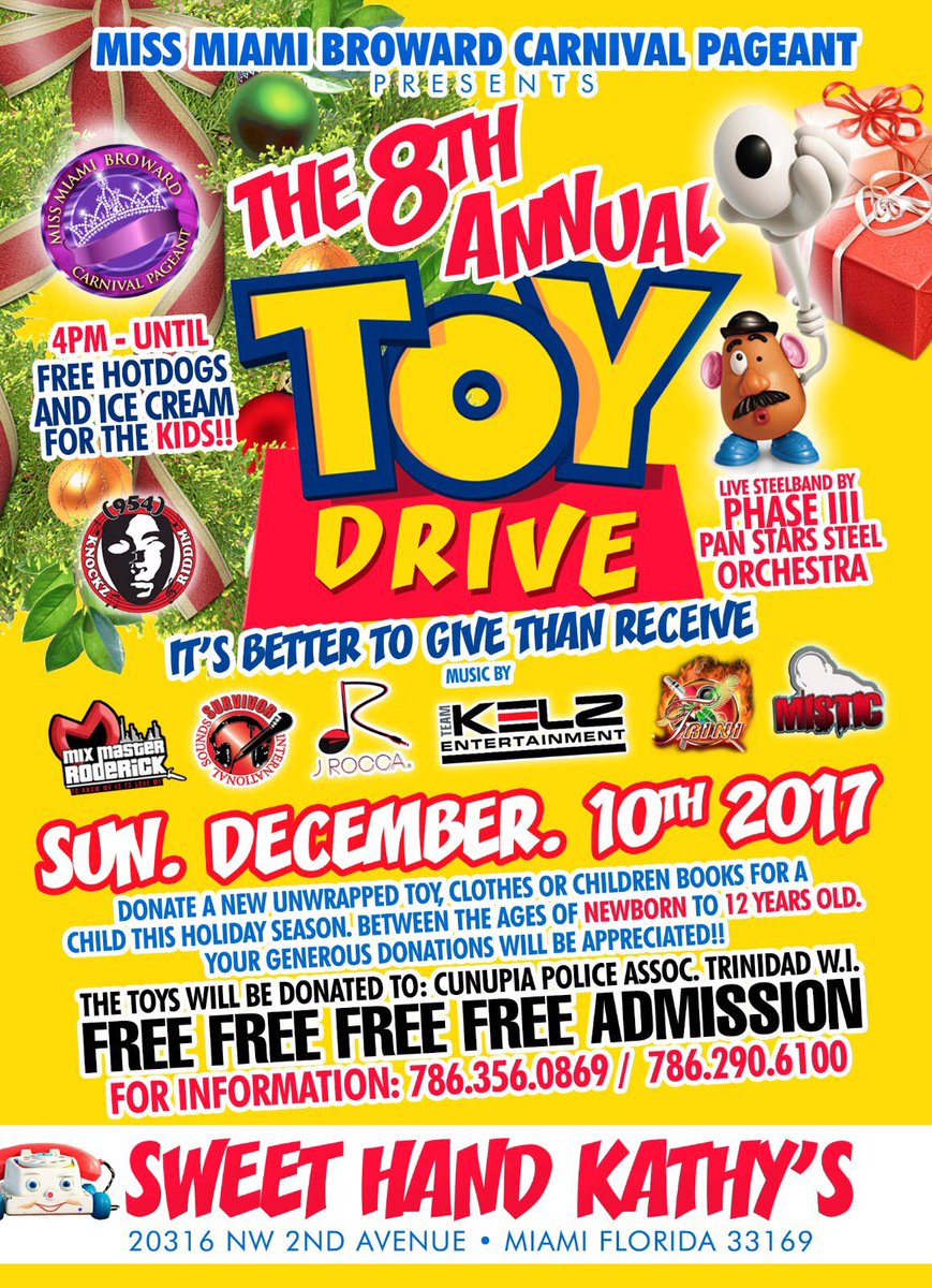 MsMiamiBroward's tweet photo. Come out and show your support at The 8th Annual Toy Drive Sunday Dec. 10, 2017 @ Sweet Hand Kathy's Restaurant &amp; Bakery https://t.co/qmGIiGIdsQ