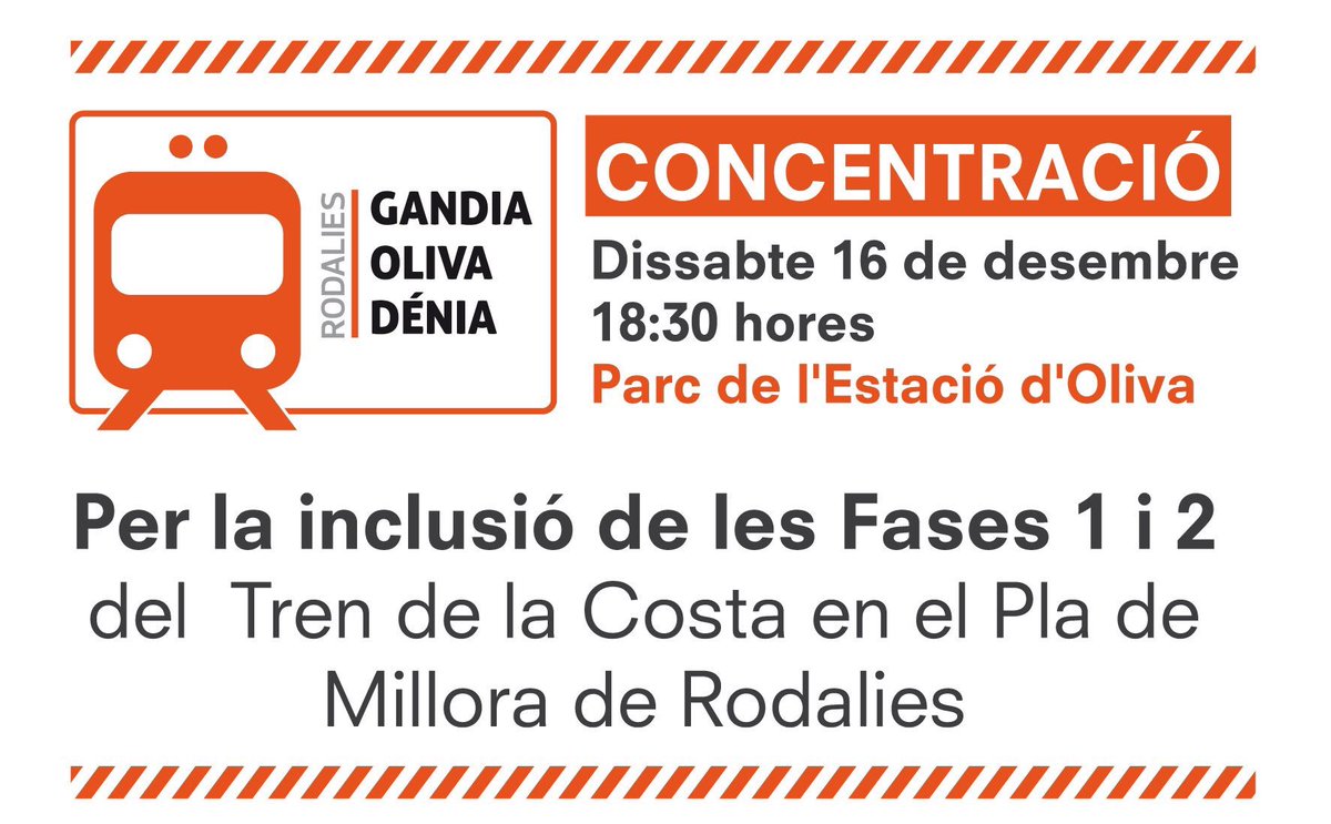 CompromBenissa's tweet image. #DonemLlumAlTren exigim el @trengandiadenia Concentració @donemllumaltren el pròxim 16 de desembre a les 18:30 h. al Parc de l'Estació d'Oliva @CompromisOliva @CompromisGandia @CompromisDenia @Compromis_Gata @CompromisPDGR @Compromiscalp @CompromisPego @compromisverger @compromis
