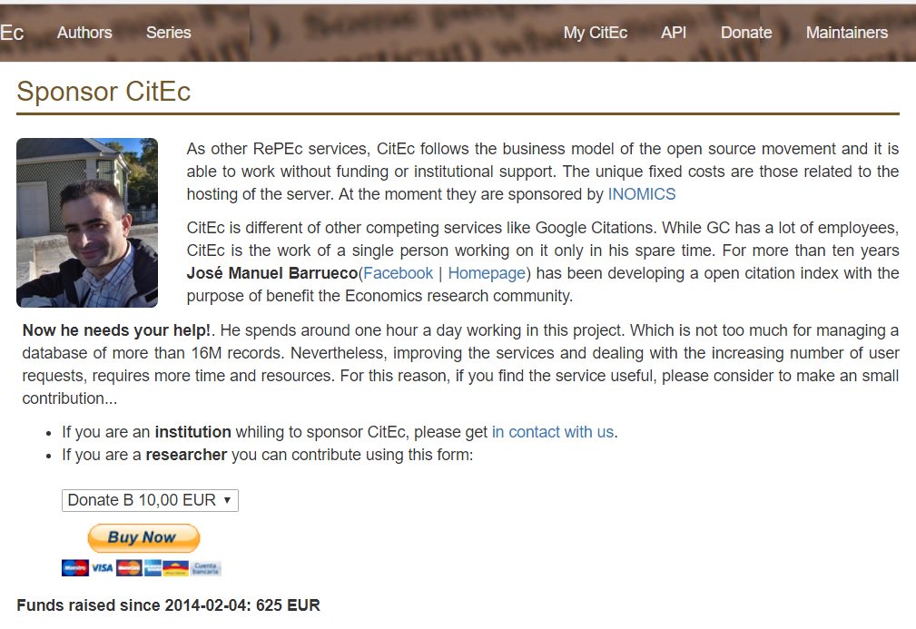 repecCitEc's tweet image. As other @#RePEc services, CitEc follows the business model of the #opensource movement &amp;amp; it&apos;s able to work without funding or institutional support. The unique fixed costs are those related to the hosting of the server (for now sponsored by @INOMICS)
Donations welcome 😇🤓😳