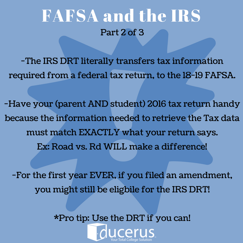 DucerusCarlsbad's tweet photo. Today's #FinancialAid gem shares more about the IRS DRT for the 2018-2019 #FAFSA. If you haven't filed your FAFSA for next year, PLEASE aim to complete it before the end of the year no matter your school deadlines! #SaturdayShenanigans Reply #AskDucerus with your questions! https://t.co/ArjIfHW7Ub