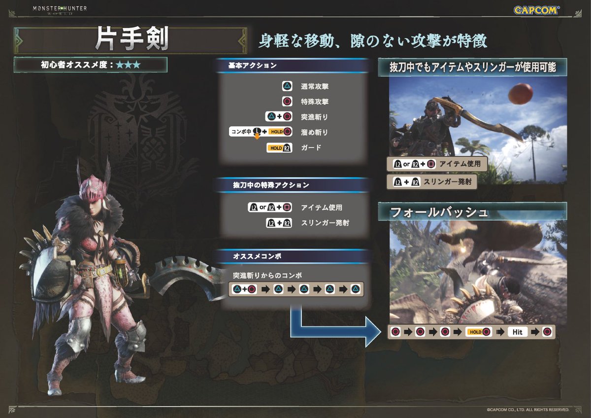 デバイス Mhwのオープンbが残り一時間と迫って来たのでスマホで見る自分用に操作一覧と武器別アクション一覧置いておきます 大剣 太刀 片手剣 他はリプにて Mhw